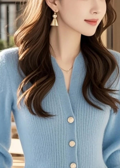 Stylish Blue V Neck Button Knit Sweater Spring Tf016