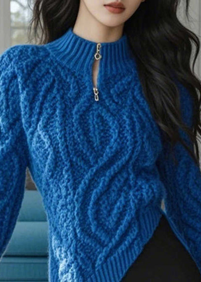 Stylish Blue Zip Up Asymmetrical Design Knit Sweaters Spring Yy030