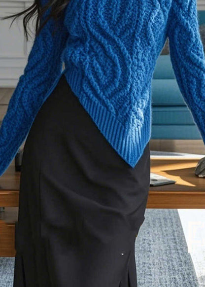 Stylish Blue Zip Up Asymmetrical Design Knit Sweaters Spring Yy030