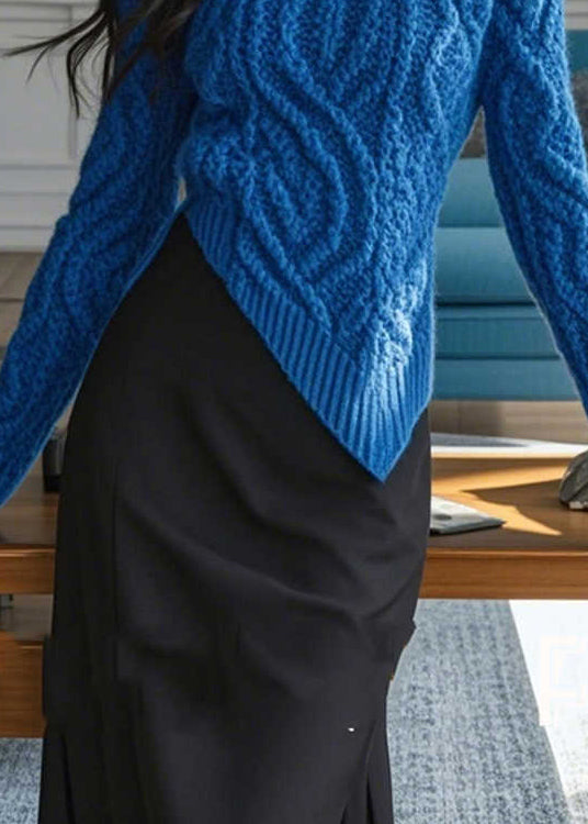 Stylish Blue Zip Up Asymmetrical Design Knit Sweaters Spring Yy030