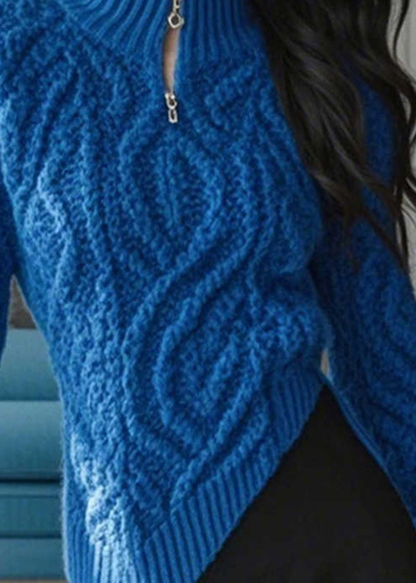 Stylish Blue Zip Up Asymmetrical Design Knit Sweaters Spring Yy030