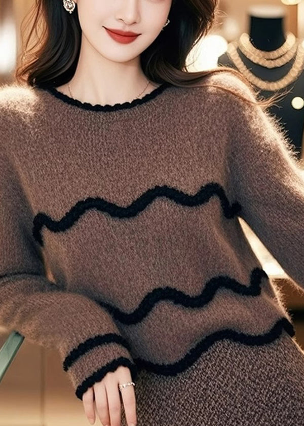 Stylish Brown O Neck Sweaters and Skirts Knit Two Pieces Set Spring To002