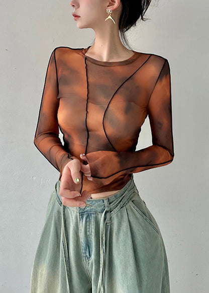 Stylish Brown O Neck Tie Dye Tulle Blouses Top Fall Al1067