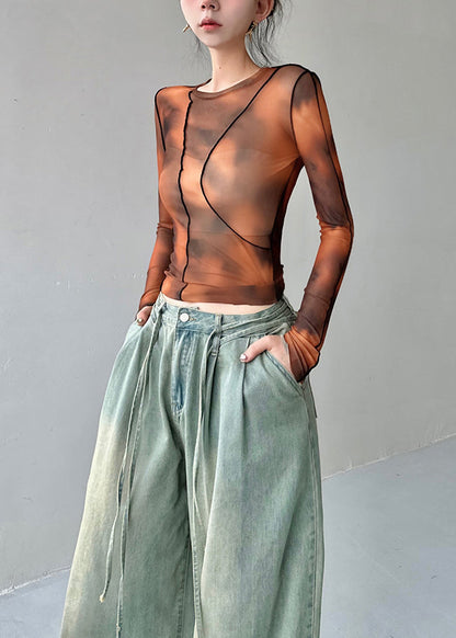 Stylish Brown O Neck Tie Dye Tulle Blouses Top Fall Al1067