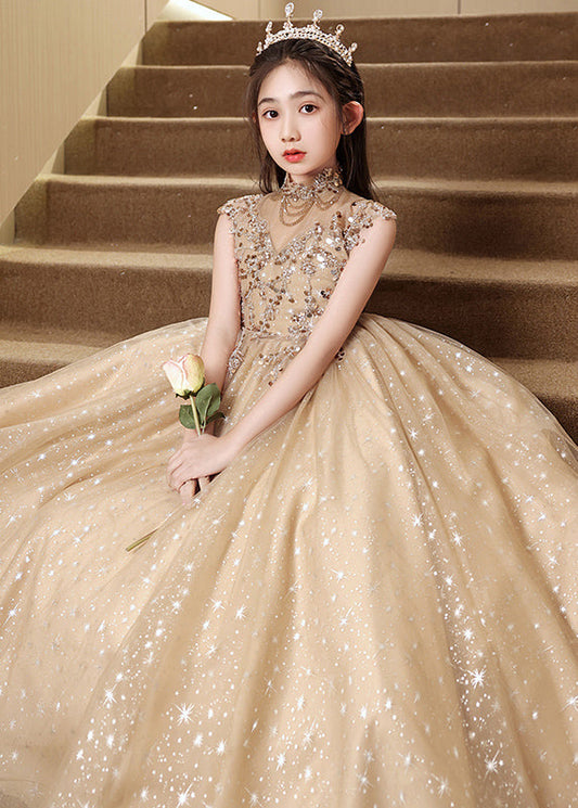Stylish Brown Sequins Hollow Out Tulle Vacation Long Dresses Sleeveless Yg020