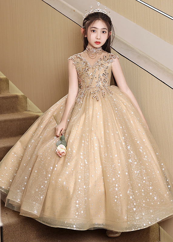 Stylish Brown Sequins Hollow Out Tulle Vacation Long Dresses Sleeveless Yg020
