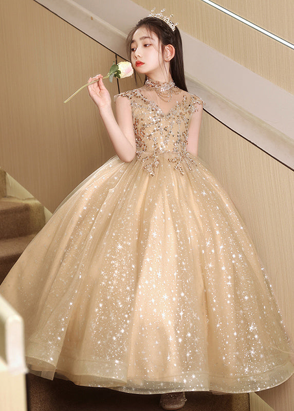 Stylish Brown Sequins Hollow Out Tulle Vacation Long Dresses Sleeveless Yg020