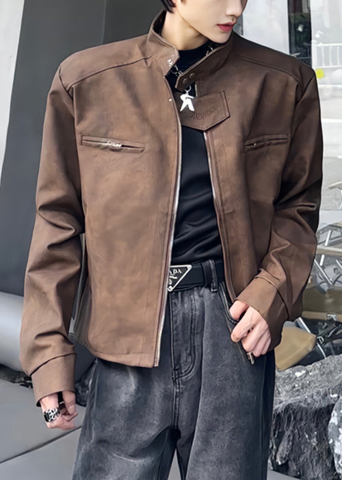 Stylish Brown Stand Collar Zippered Faux Suede Coats Spring Rn034