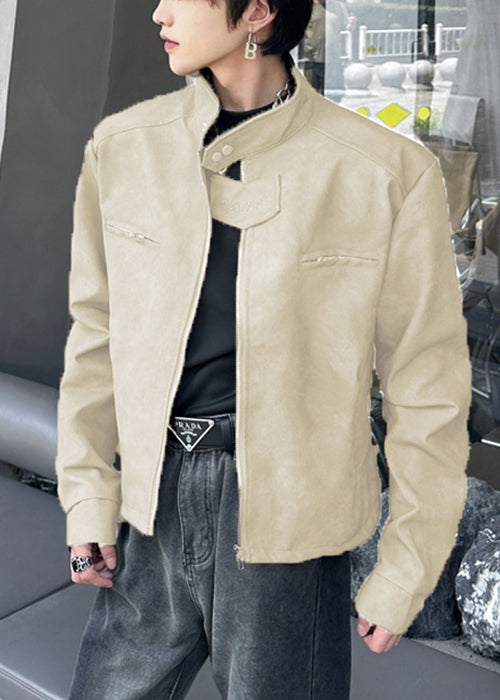 Stylish Brown Stand Collar Zippered Faux Suede Coats Spring Rn034