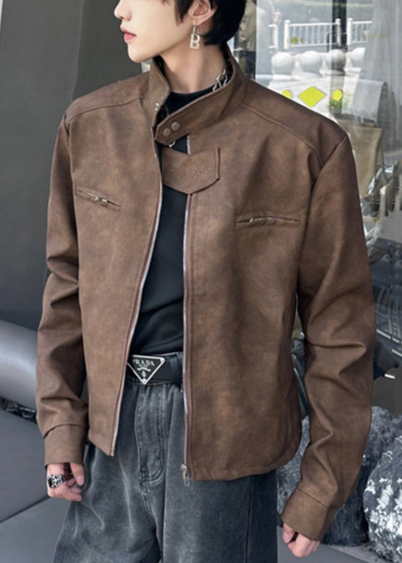 Stylish Brown Stand Collar Zippered Faux Suede Coats Spring Rn034