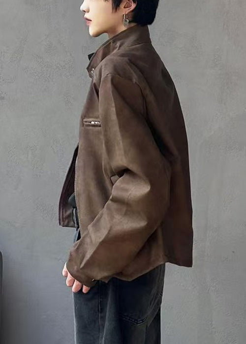 Stylish Brown Stand Collar Zippered Faux Suede Coats Spring Rn034