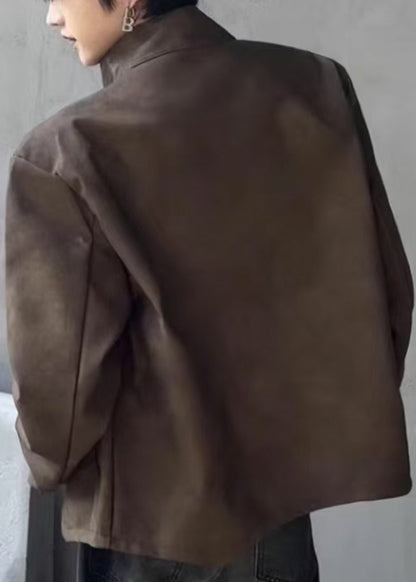 Stylish Brown Stand Collar Zippered Faux Suede Coats Spring Rn034