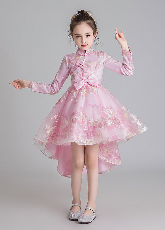 Stylish Champagne Stand Collar Embroideried Low High Design Tulle Long Dresses Fall Qv002