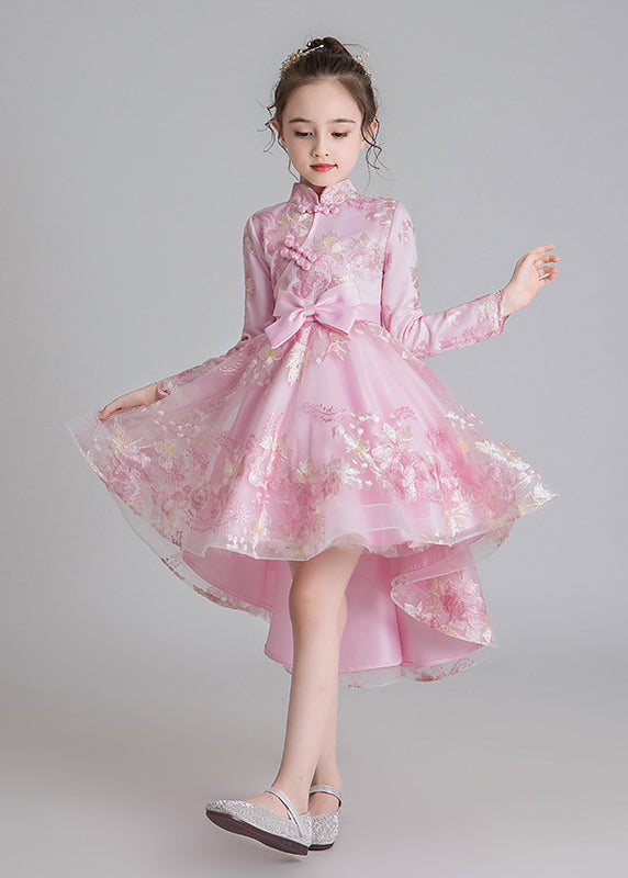 Stylish Champagne Stand Collar Embroideried Low High Design Tulle Long Dresses Fall Qv002