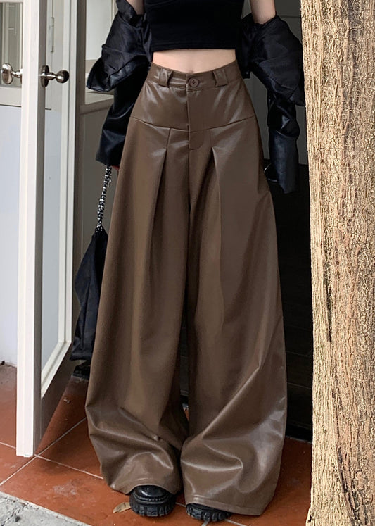 Stylish Coffee Button High Waist Faux Leather Pants Fall Pp031