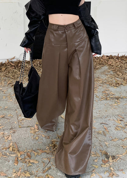 Stylish Coffee Button High Waist Faux Leather Pants Fall Pp031