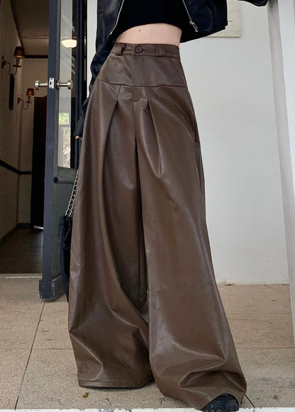 Stylish Coffee Button High Waist Faux Leather Pants Fall Pp031