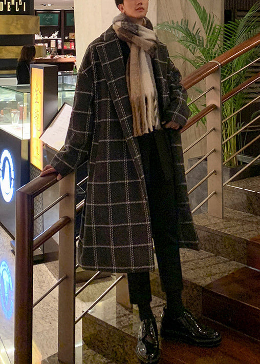 Stylish Coffee Plaid Notched Tie Waist Woolen Coats Winter Ro040