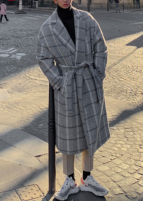 Stylish Coffee Plaid Notched Tie Waist Woolen Coats Winter Ro040