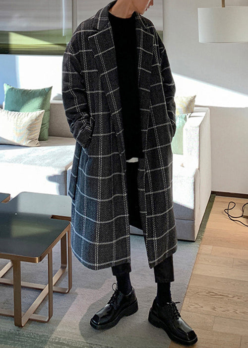 Stylish Coffee Plaid Notched Tie Waist Woolen Coats Winter Ro040