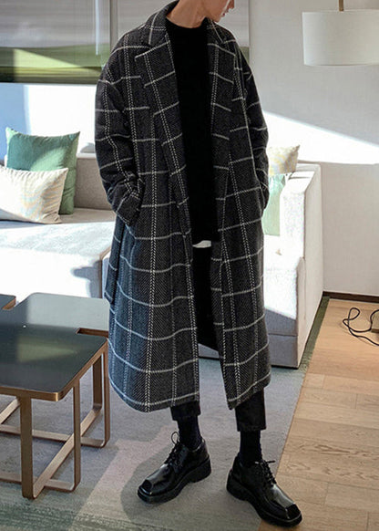 Stylish Coffee Plaid Notched Tie Waist Woolen Coats Winter Ro040