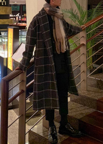 Stylish Coffee Plaid Notched Tie Waist Woolen Coats Winter Ro040