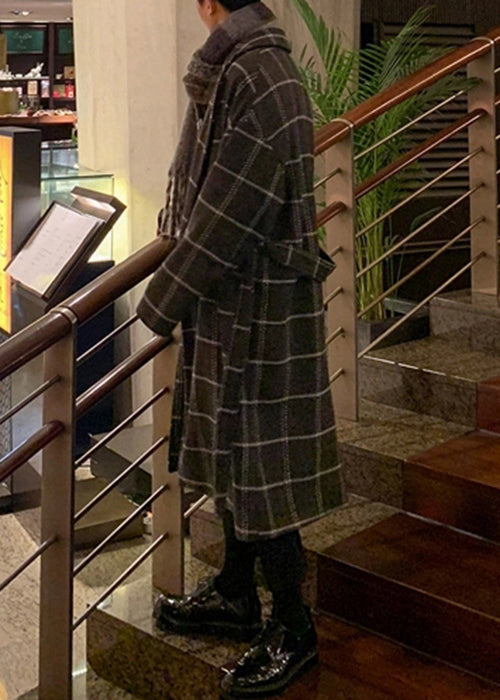 Stylish Coffee Plaid Notched Tie Waist Woolen Coats Winter Ro040