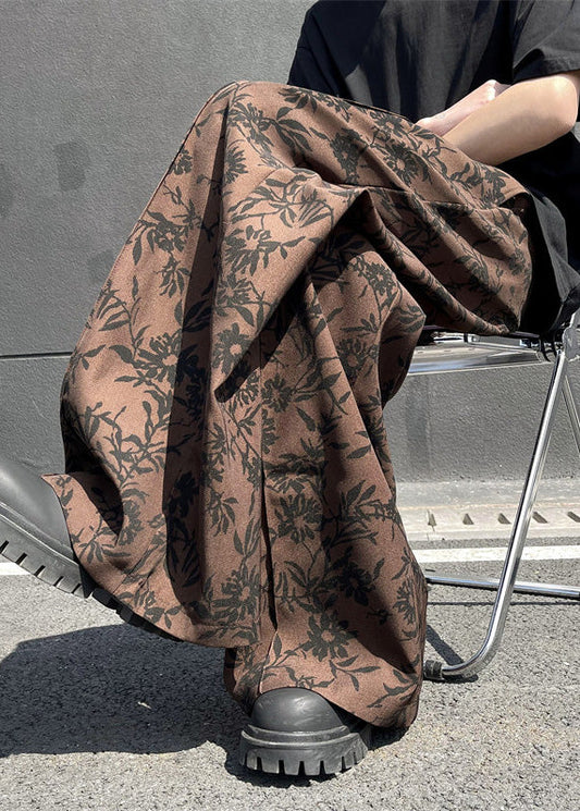 Stylish Coffee Pockets Print Cotton Wide Leg Pants Summer Yt035
