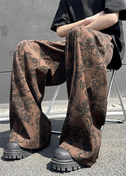 Stylish Coffee Pockets Print Cotton Wide Leg Pants Summer Yt035