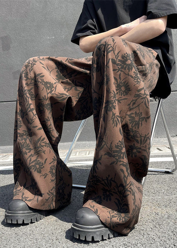 Stylish Coffee Pockets Print Cotton Wide Leg Pants Summer Yt035