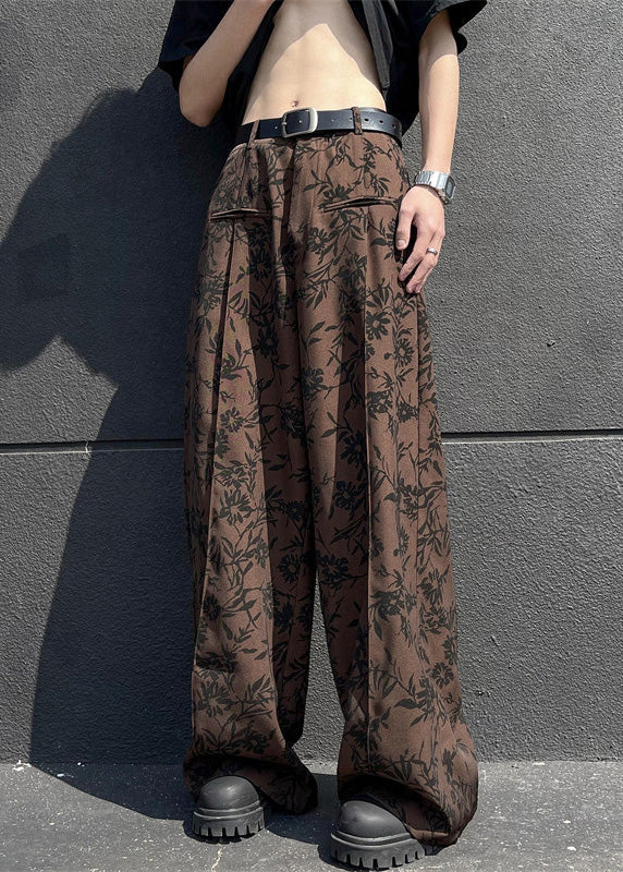 Stylish Coffee Pockets Print Cotton Wide Leg Pants Summer Yt035