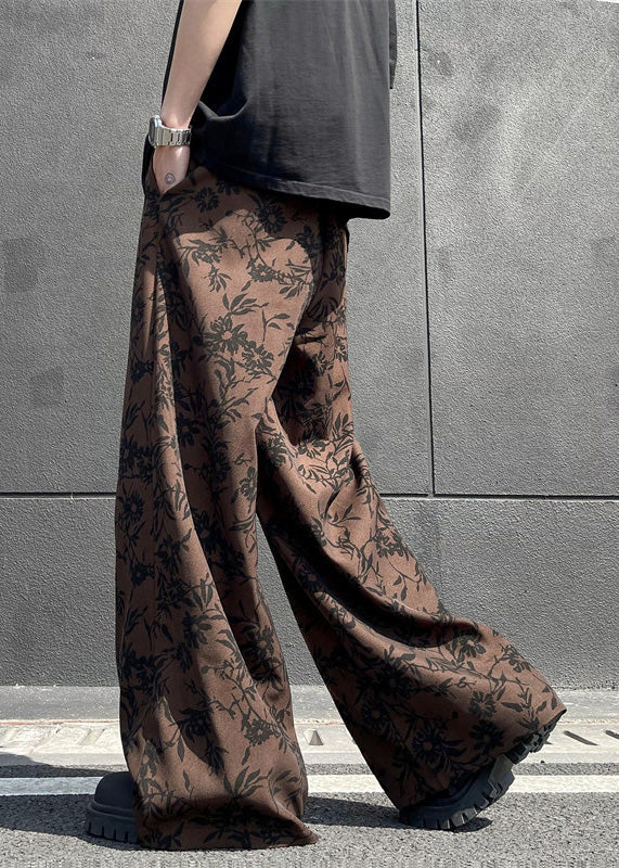 Stylish Coffee Pockets Print Cotton Wide Leg Pants Summer Yt035