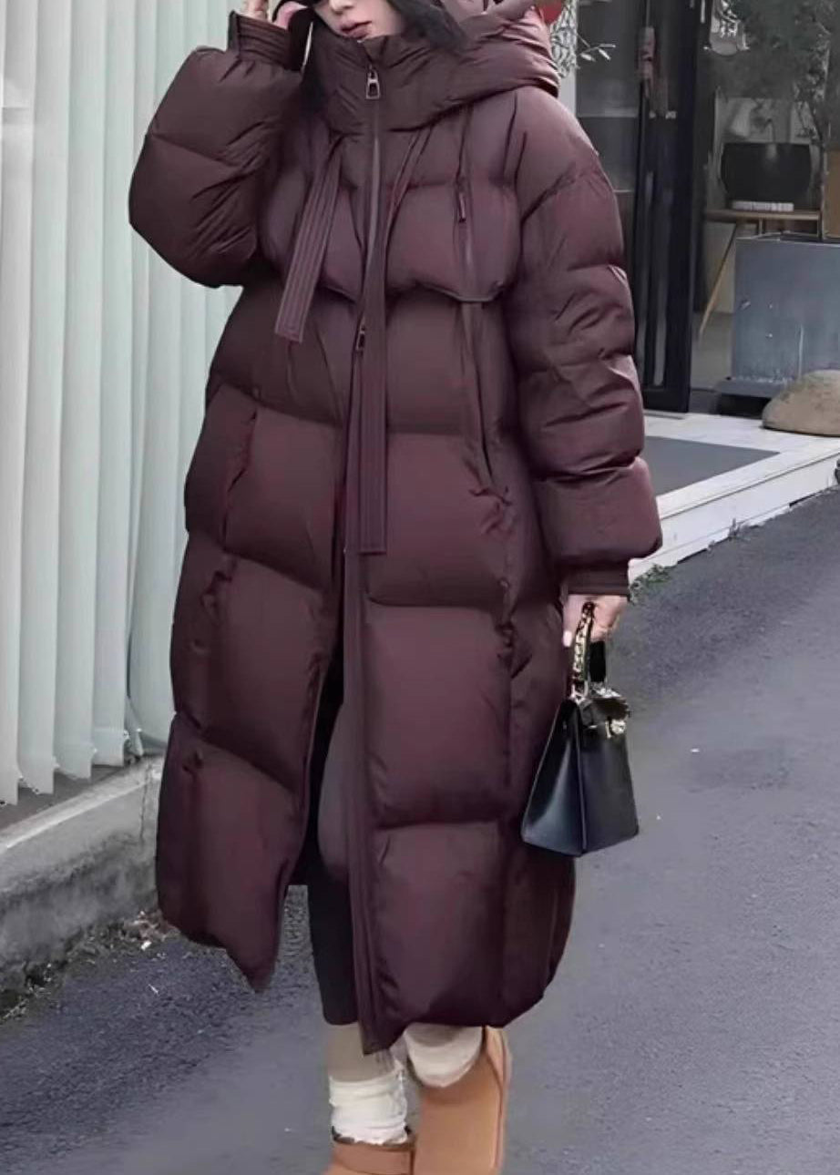 Stylish Coffee Zip Up Pockets Duck Down Puffer Hooded Coat Winter Td034