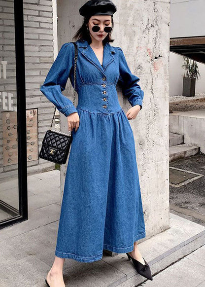 Stylish Denim Blue Cinched Patchwork Elastic Waist Long Dresses Spring Ac2033