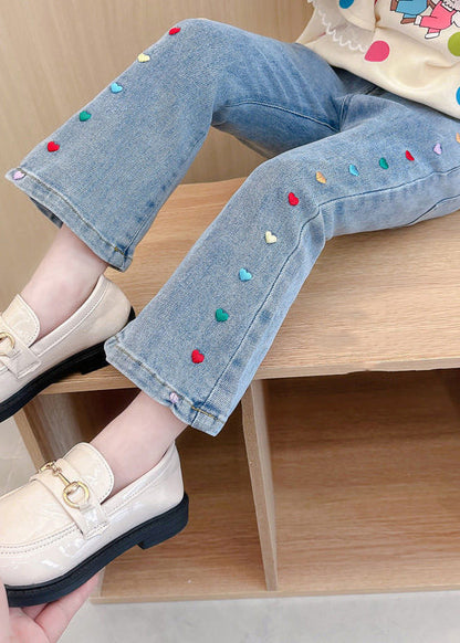 Stylish Denim Blue Patchwork Pockets Kids Crop Flared Pants Spring Tv022