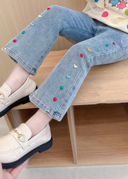 Stylish Denim Blue Patchwork Pockets Kids Crop Flared Pants Spring Tv022