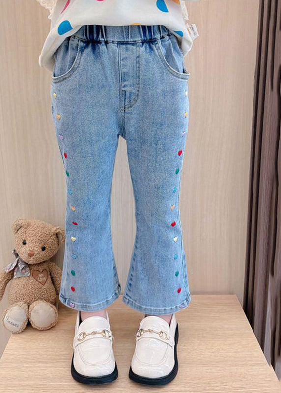 Stylish Denim Blue Patchwork Pockets Kids Crop Flared Pants Spring Tv022