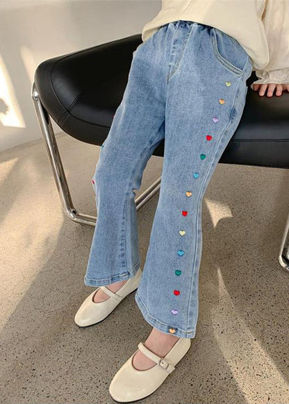 Stylish Denim Blue Patchwork Pockets Kids Crop Flared Pants Spring Tv022