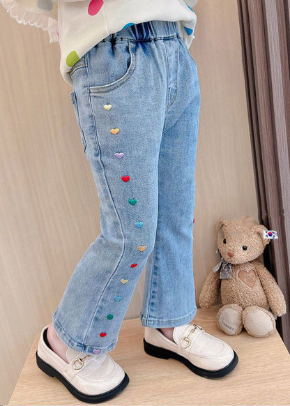Stylish Denim Blue Patchwork Pockets Kids Crop Flared Pants Spring Tv022