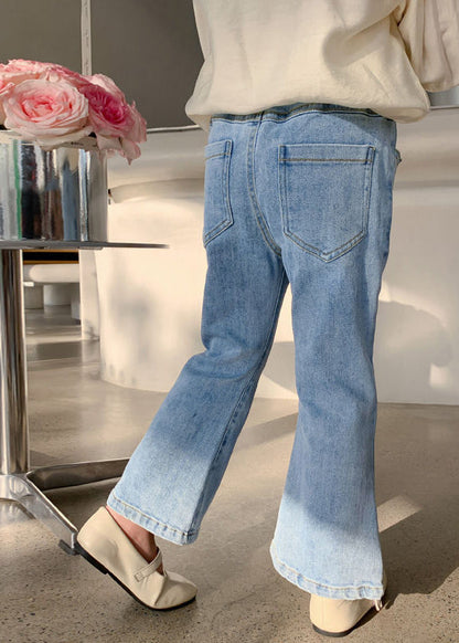 Stylish Denim Blue Patchwork Pockets Kids Crop Flared Pants Spring Tv022