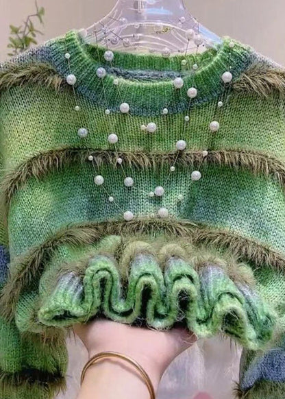 Stylish Gradient Color Green O-neck Striped Cozy Cotton Knit Sweaters Winter Rk014