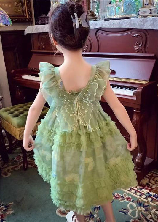 Stylish Green Bow Tulle Patchwork Long Dress Summer Tt002