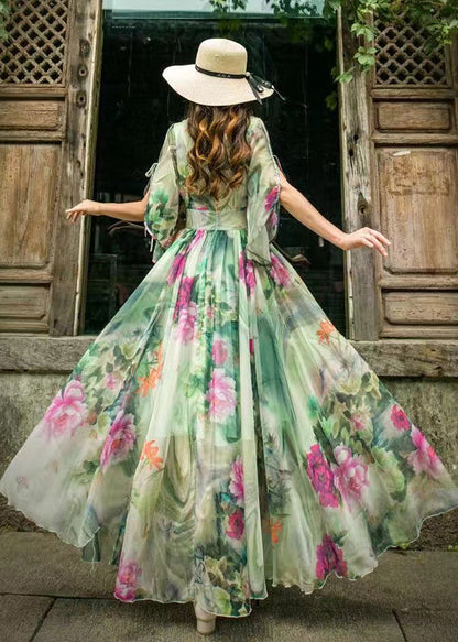 Stylish Green V Neck Chiffon Beach Long Dresses Flared Sleeve Ww1009