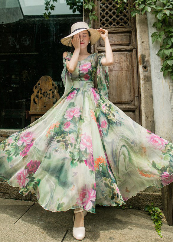 Stylish Green V Neck Chiffon Beach Long Dresses Flared Sleeve Ww1009