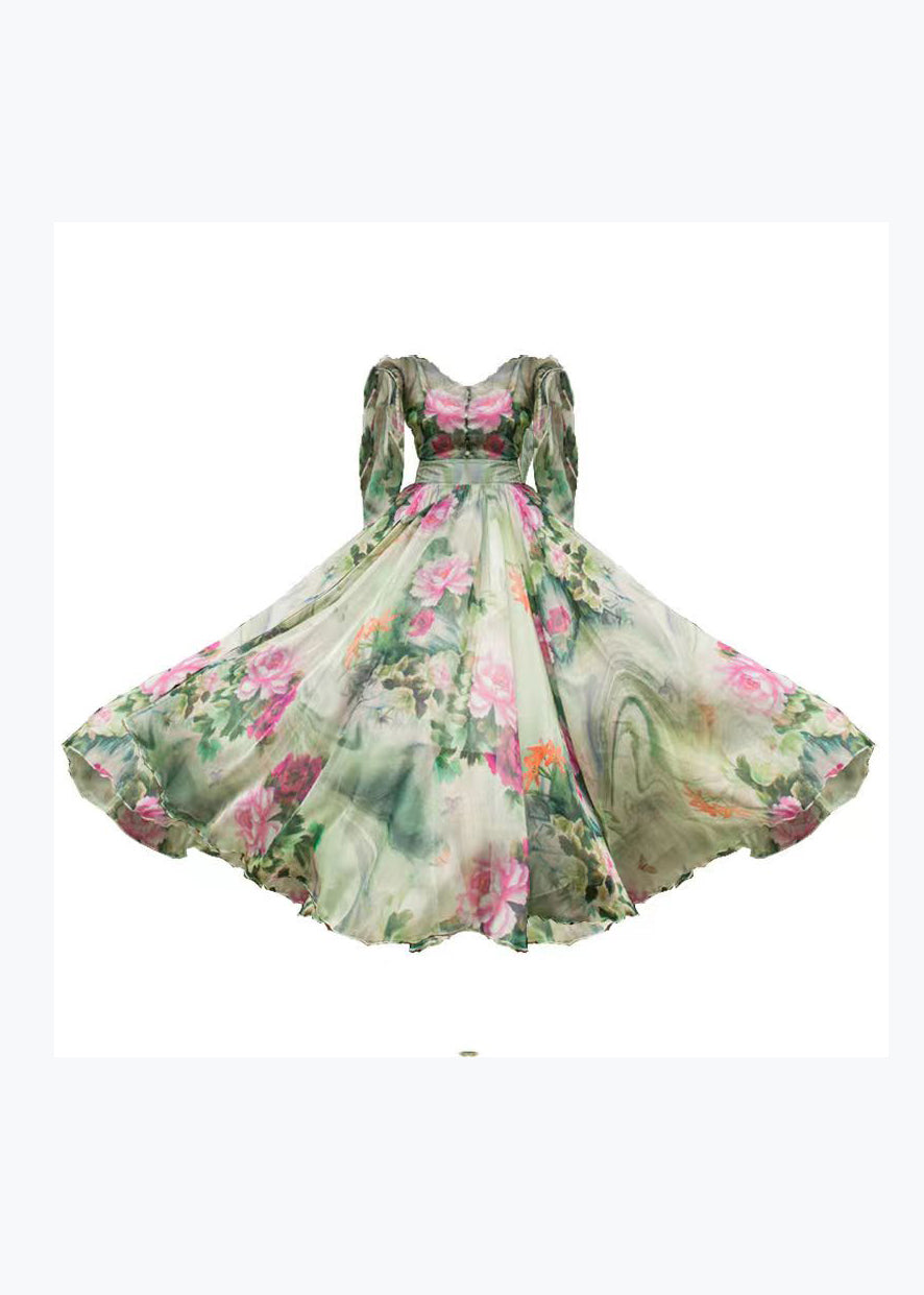 Stylish Green V Neck Chiffon Beach Long Dresses Flared Sleeve Ww1009