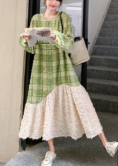 Stylish Green O-neck Plaid Patchwork Long Dress Spring Ta049