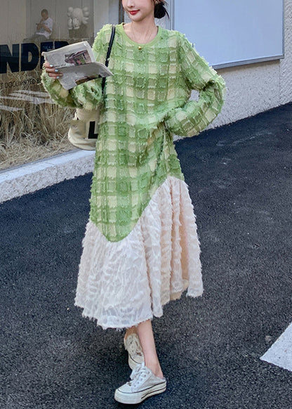 Stylish Green O-neck Plaid Patchwork Long Dress Spring Ta049