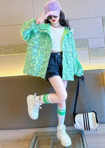 Stylish Green Print Patchwork Hooded Coat Fall Qv048