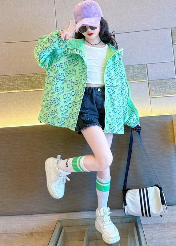 Stylish Green Print Patchwork Hooded Coat Fall Qv048