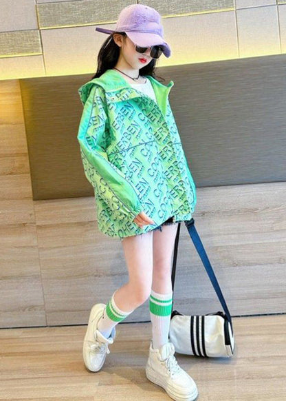 Stylish Green Print Patchwork Hooded Coat Fall Qv048